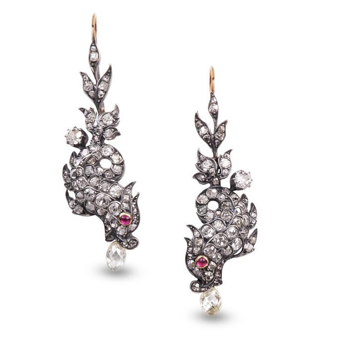 Pair of 19th century diamond cluster sea dragon and briolette diamond pendant earrings, c.1880, | MasterArt